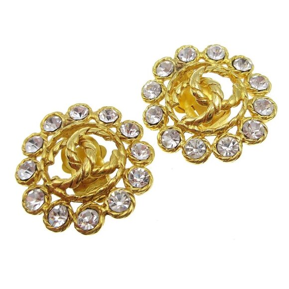 Chanel Button Motif Rhinestone Earrings Clip-On Gold 29 97573 - Picture 1 of 7